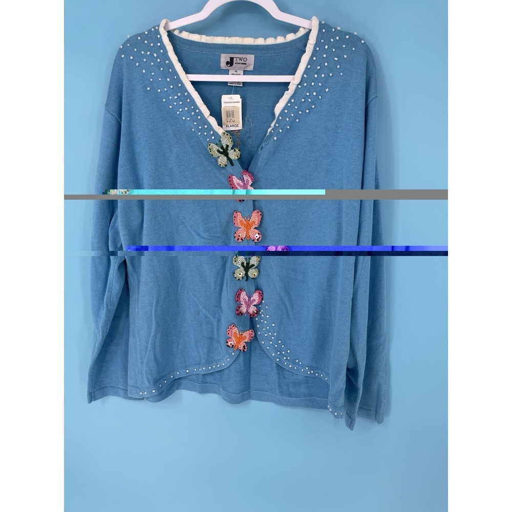 J Two New York Blue Button Front Cardigan W/Colorful Crocheted Butterflies Sz XL